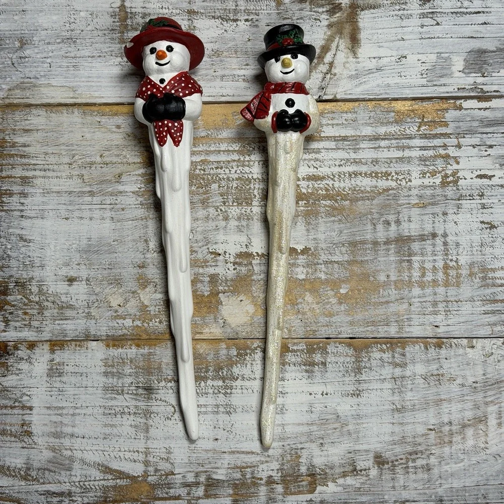 2 Vintage Ceramic Snowmen‎ Icicle Ornaments